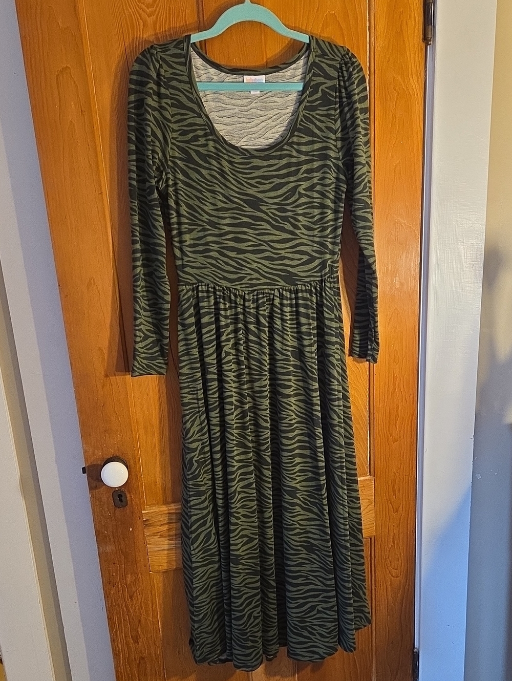 Long Sleeve Olive Zebra-Print Maxi Dress